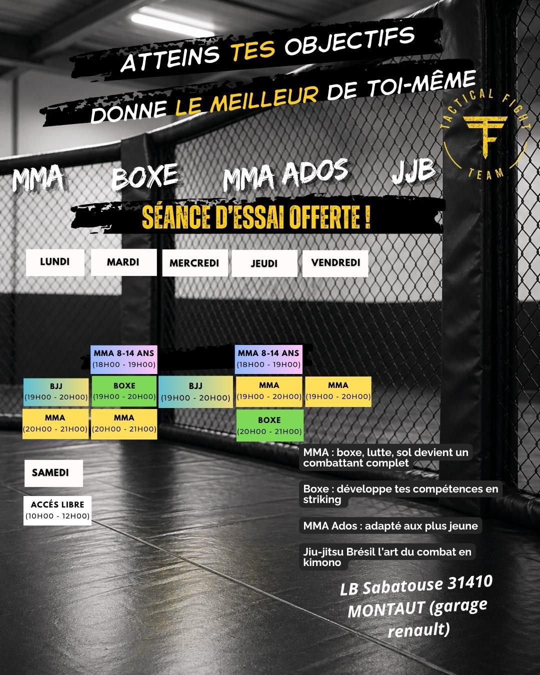 Planning hebdomadaire des cours du Tactical Fight Team Porte d'Ariège à Montaut